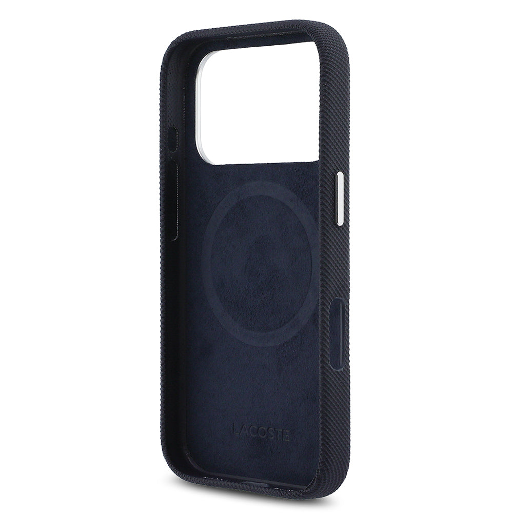iPhone 17 Pro Kılıf Lacoste Orijinal Lisanslı M-Safe Şarj Özellikli PVC Pike Desenli Arka Yüzey İkonik Timsah Dokuma Logolu Kılıf