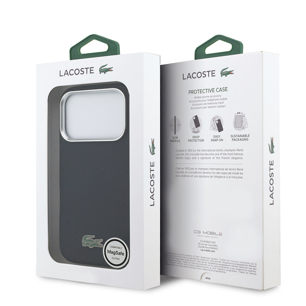 iPhone 17 Pro Kılıf Lacoste Orijinal Lisanslı M-Safe Şarj Özellikli PVC Pike Desenli Arka Yüzey İkonik Timsah Dokuma Logolu Kılıf