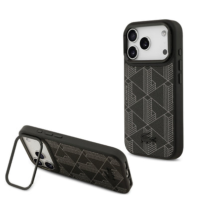 iPhone 17 Pro Kılıf Lacoste Orijinal Lisanslı M-safe Şarj Özellikli Standlı PU Deri Karışık Monogram Desenli Kılıf