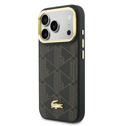 iPhone 17 Pro Kılıf Lacoste Orijinal Lisanslı M-safe Şarj Özellikli Standlı PU Deri Karışık Monogram Desenli Kılıf