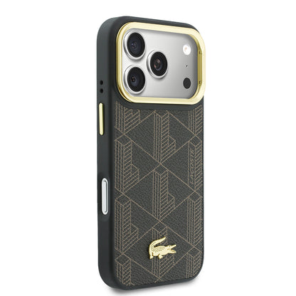 iPhone 17 Pro Kılıf Lacoste Orijinal Lisanslı M-safe Şarj Özellikli Standlı PU Deri Karışık Monogram Desenli Kılıf