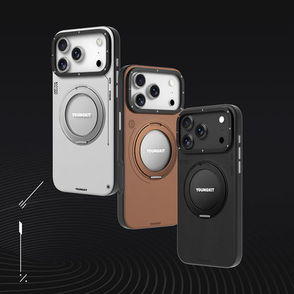 iPhone 17 Pro Kılıf M-safe Şarj Özellikli 360 Derece Standlı Basit Mat Deri Desenli Youngkit Tech Leather Serisi Kılıf