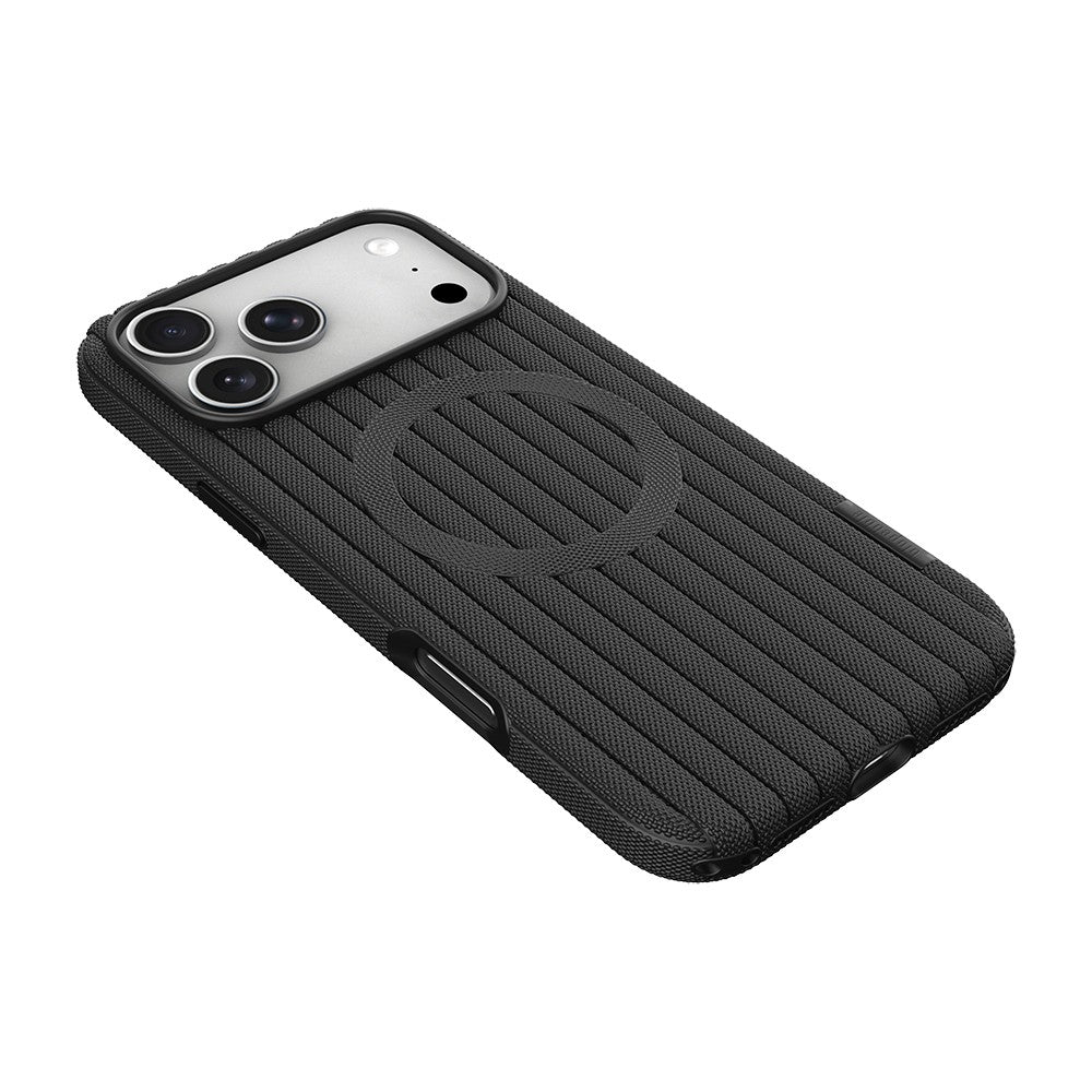 iPhone 17 Pro Kılıf M-Safe Şarj Özellikli Çizgi Desenli Kumaş Dokulu Zore Paris Lorin Kılıf