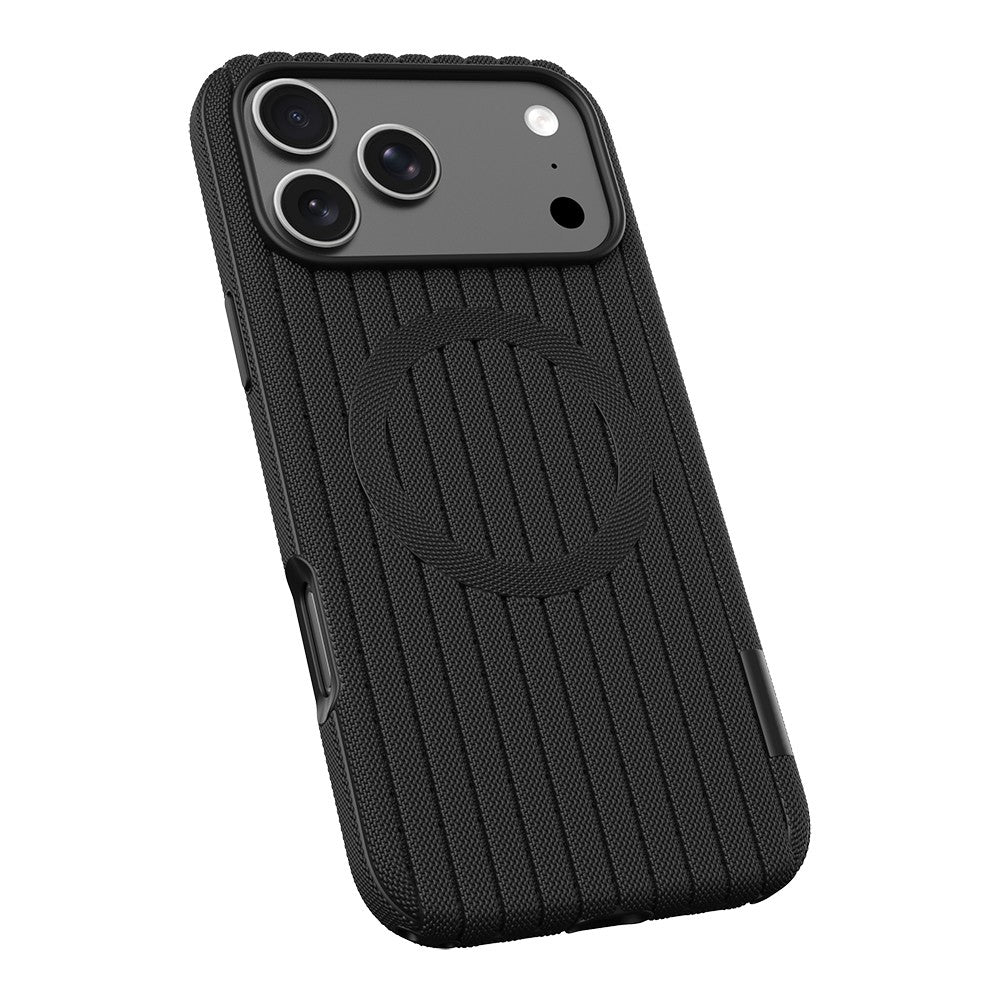 iPhone 17 Pro Kılıf M-Safe Şarj Özellikli Çizgi Desenli Kumaş Dokulu Zore Paris Lorin Kılıf