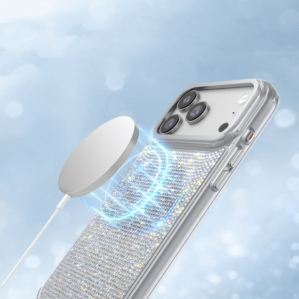 iPhone 17 Pro Kılıf M-Safe Şarj Özellikli El İşlemeli Swarovski Taşlı Zore Paris Riva Sert PC Kılıf