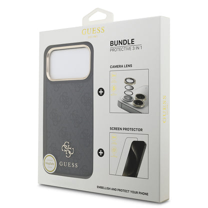 iPhone 17 Pro Max Guess Orijinal Lisanslı 4G ve Yazı Logolu Kılıf + Ekran Koruyucu + Lens Koruyucu 3in1 Aksesuar Seti
