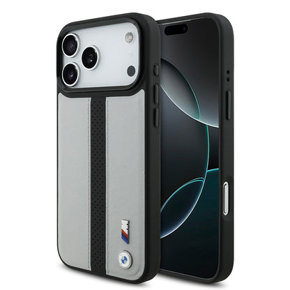 iPhone 17 Pro Max Kılıf BMW Orijinal Lisanslı M-safe Şarj Özellikli Deri Arka Yüzey Metal Logolu Delikli Şerit Tasarımlı Kılıf