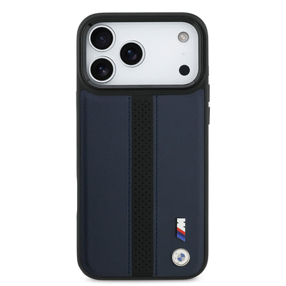 iPhone 17 Pro Max Kılıf BMW Orijinal Lisanslı M-safe Şarj Özellikli Deri Arka Yüzey Metal Logolu Delikli Şerit Tasarımlı Kılıf