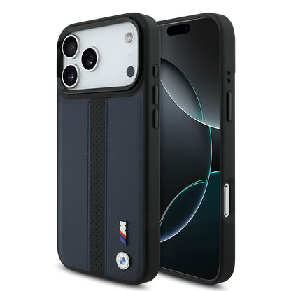 iPhone 17 Pro Max Kılıf BMW Orijinal Lisanslı M-safe Şarj Özellikli Deri Arka Yüzey Metal Logolu Delikli Şerit Tasarımlı Kılıf