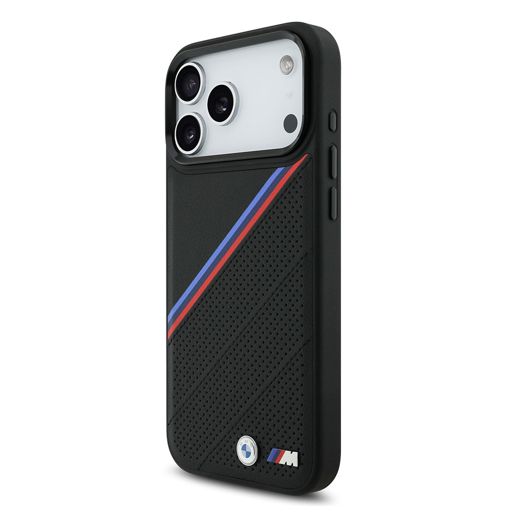 iPhone 17 Pro Max Kılıf BMW Orijinal Lisanslı M-safe Şarj Özellikli M Logolu Üç Şeritli Delikli Deri Kılıf
