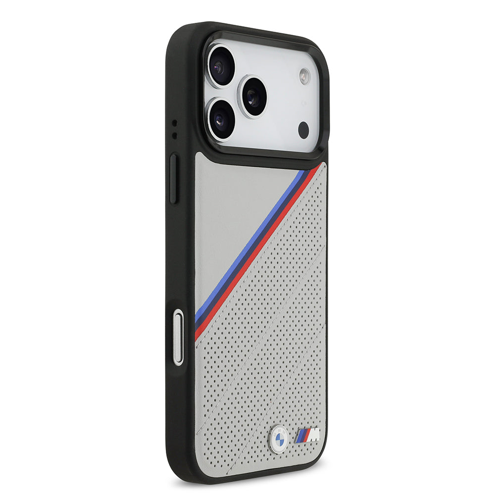 iPhone 17 Pro Max Kılıf BMW Orijinal Lisanslı M-safe Şarj Özellikli M Logolu Üç Şeritli Delikli Deri Kılıf