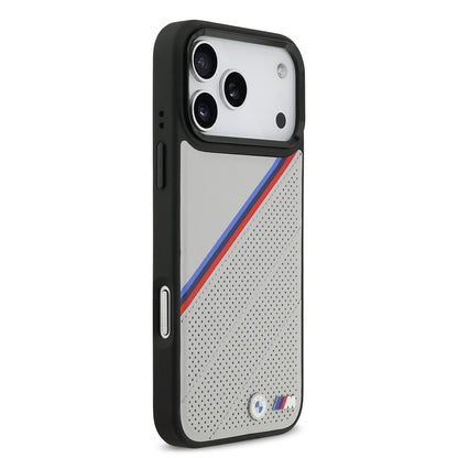 iPhone 17 Pro Max Kılıf BMW Orijinal Lisanslı M-safe Şarj Özellikli M Logolu Üç Şeritli Delikli Deri Kılıf