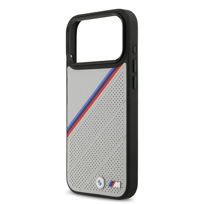 iPhone 17 Pro Max Kılıf BMW Orijinal Lisanslı M-safe Şarj Özellikli M Logolu Üç Şeritli Delikli Deri Kılıf