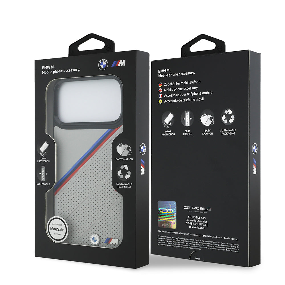 iPhone 17 Pro Max Kılıf BMW Orijinal Lisanslı M-safe Şarj Özellikli M Logolu Üç Şeritli Delikli Deri Kılıf