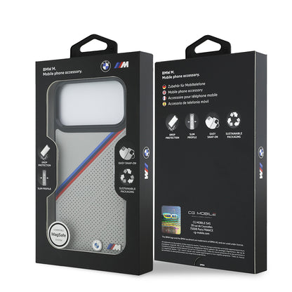 iPhone 17 Pro Max Kılıf BMW Orijinal Lisanslı M-safe Şarj Özellikli M Logolu Üç Şeritli Delikli Deri Kılıf