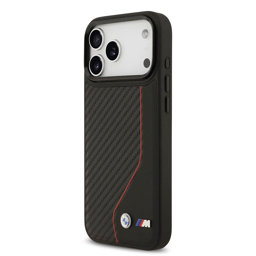 iPhone 17 Pro Max Kılıf BMW Orijinal Lisanslı M-safe Şarj Özellikli Metal BMW ve M Logolu PU Karbon Tasarımlı Kılıf