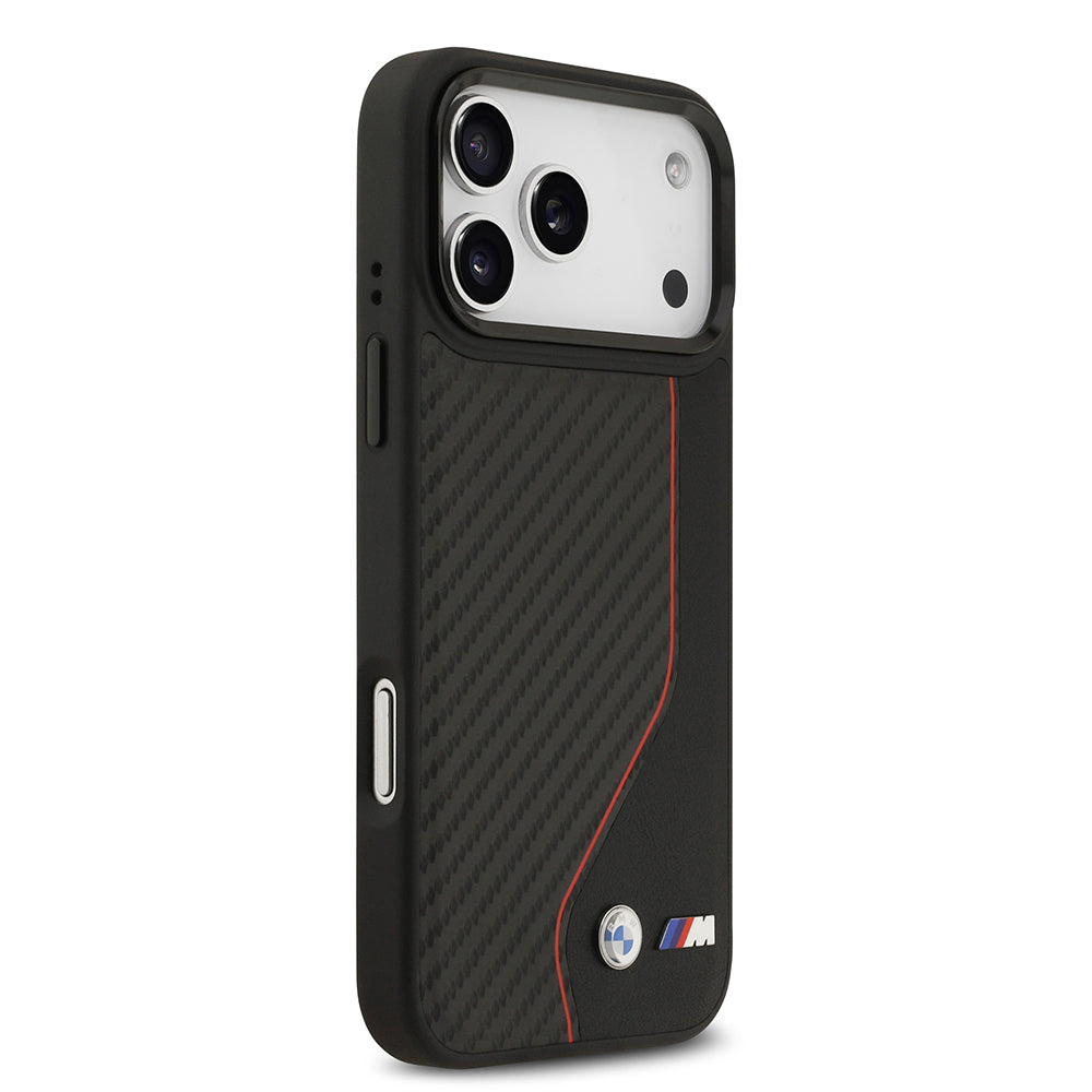 iPhone 17 Pro Max Kılıf BMW Orijinal Lisanslı M-safe Şarj Özellikli Metal BMW ve M Logolu PU Karbon Tasarımlı Kılıf