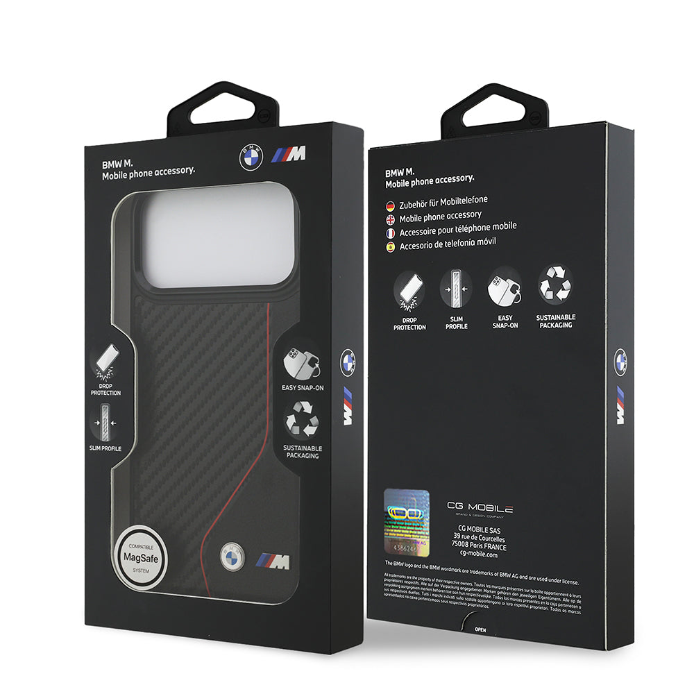 iPhone 17 Pro Max Kılıf BMW Orijinal Lisanslı M-safe Şarj Özellikli Metal BMW ve M Logolu PU Karbon Tasarımlı Kılıf