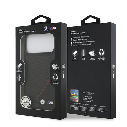 iPhone 17 Pro Max Kılıf BMW Orijinal Lisanslı M-safe Şarj Özellikli Metal BMW ve M Logolu PU Karbon Tasarımlı Kılıf