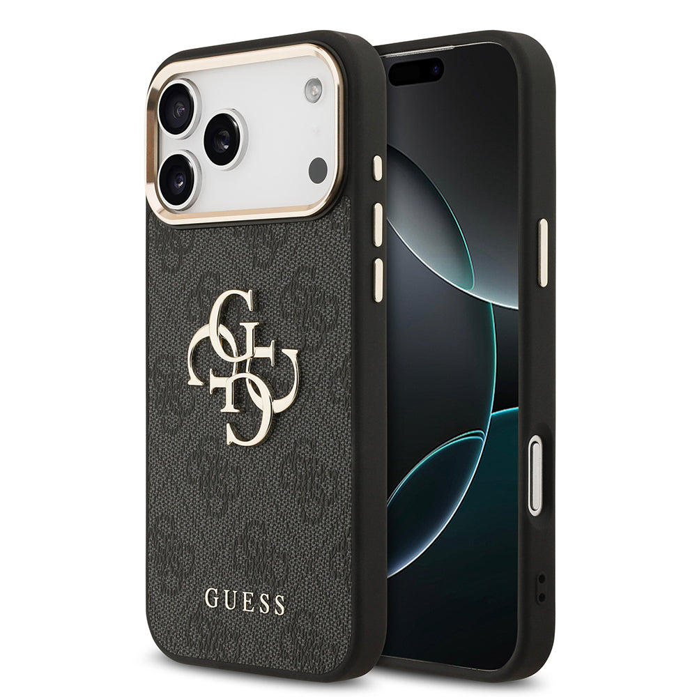 iPhone 17 Pro Max Kılıf Guess Orijinal Lisanslı Gold Metal Kamera Çerçeveli 4G Desenli Metal Büyük 4G ve Yazı Logolu Kılıf