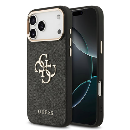 iPhone 17 Pro Max Kılıf Guess Orijinal Lisanslı Gold Metal Kamera Çerçeveli 4G Desenli Metal Büyük 4G ve Yazı Logolu Kılıf