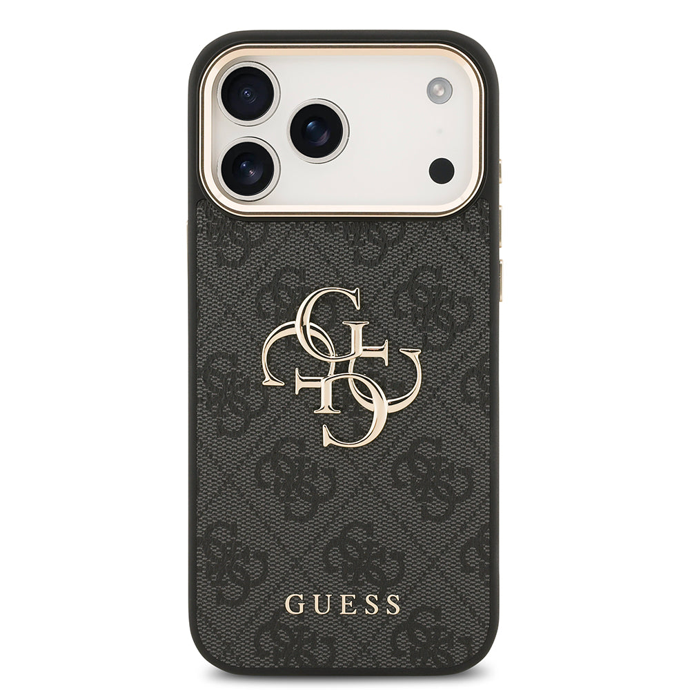 iPhone 17 Pro Max Kılıf Guess Orijinal Lisanslı Gold Metal Kamera Çerçeveli 4G Desenli Metal Büyük 4G ve Yazı Logolu Kılıf