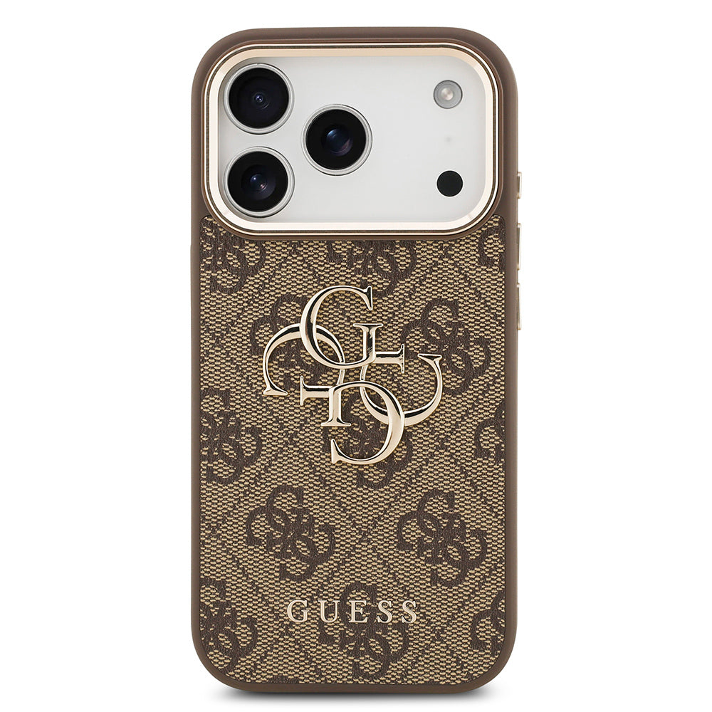 iPhone 17 Pro Max Kılıf Guess Orijinal Lisanslı Gold Metal Kamera Çerçeveli 4G Desenli Metal Büyük 4G ve Yazı Logolu Kılıf