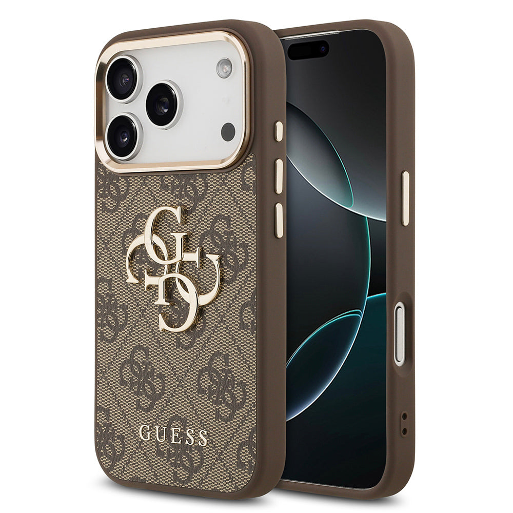 iPhone 17 Pro Max Kılıf Guess Orijinal Lisanslı Gold Metal Kamera Çerçeveli 4G Desenli Metal Büyük 4G ve Yazı Logolu Kılıf