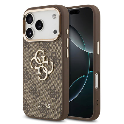 iPhone 17 Pro Max Kılıf Guess Orijinal Lisanslı Gold Metal Kamera Çerçeveli 4G Desenli Metal Büyük 4G ve Yazı Logolu Kılıf