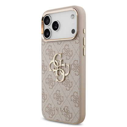 iPhone 17 Pro Max Kılıf Guess Orijinal Lisanslı Gold Metal Kamera Çerçeveli 4G Desenli Metal Büyük 4G ve Yazı Logolu Kılıf