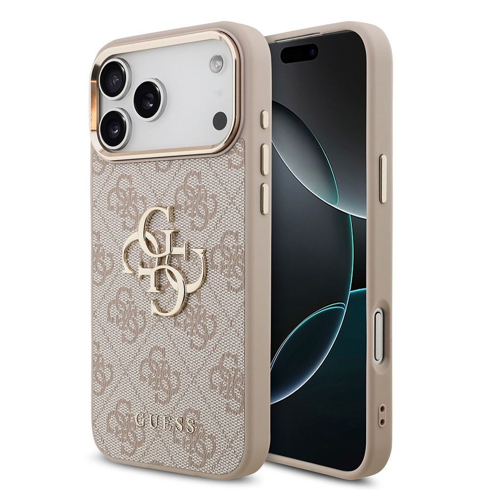 iPhone 17 Pro Max Kılıf Guess Orijinal Lisanslı Gold Metal Kamera Çerçeveli 4G Desenli Metal Büyük 4G ve Yazı Logolu Kılıf