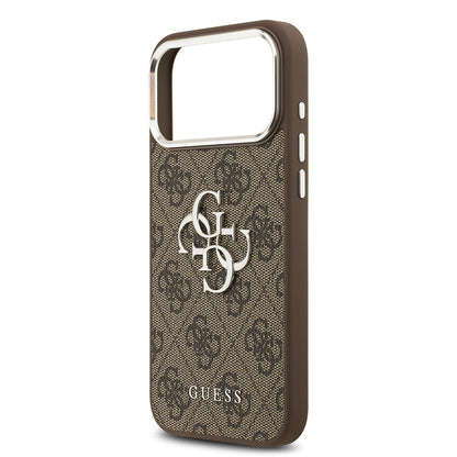 iPhone 17 Pro Max Kılıf Guess Orijinal Lisanslı Gümüş Metal Kamera Çerçeveli 4G Desenli Metal Büyük 4G ve Yazı Logolu Kılıf