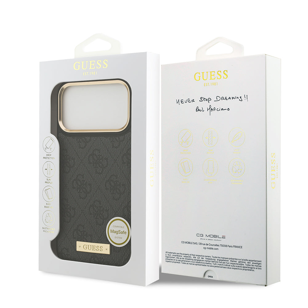 iPhone 17 Pro Max Kılıf Guess Orijinal Lisanslı M-safe Şarj Özellikli 4G Desenli PU Metal Plaka Klasik Logolu Kılıf