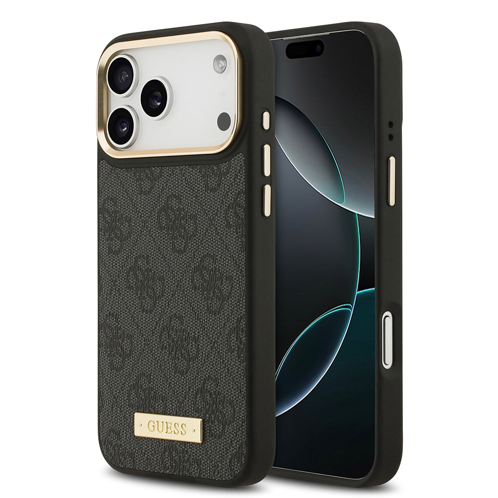 iPhone 17 Pro Max Kılıf Guess Orijinal Lisanslı M-safe Şarj Özellikli 4G Desenli PU Metal Plaka Klasik Logolu Kılıf