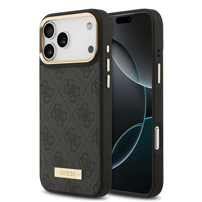 iPhone 17 Pro Max Kılıf Guess Orijinal Lisanslı M-safe Şarj Özellikli 4G Desenli PU Metal Plaka Klasik Logolu Kılıf