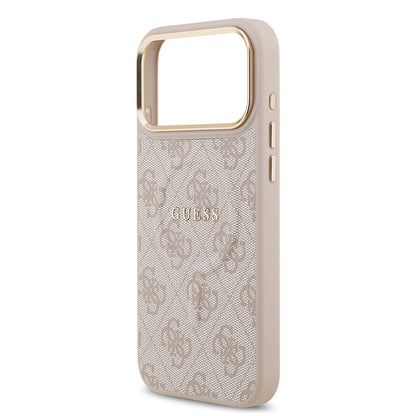 iPhone 17 Pro Max Kılıf Guess Orijinal Lisanslı M-safe Şarj Özellikli Gold Metal Kamera Çerçeveli PU Deri 4G Desenli Yazı Logolu Kılıf