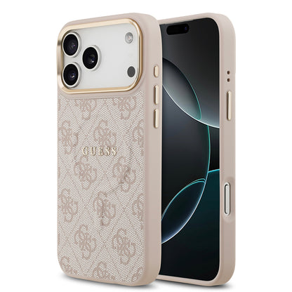 iPhone 17 Pro Max Kılıf Guess Orijinal Lisanslı M-safe Şarj Özellikli Gold Metal Kamera Çerçeveli PU Deri 4G Desenli Yazı Logolu Kılıf