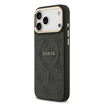 iPhone 17 Pro Max Kılıf Guess Orijinal Lisanslı M-safe Şarj Özellikli Gold Metal Kamera Çerçeveli PU Deri 4G Desenli Yazı Logolu Kılıf