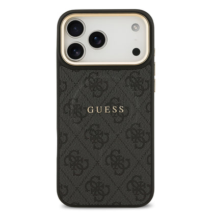 iPhone 17 Pro Max Kılıf Guess Orijinal Lisanslı M-safe Şarj Özellikli Gold Metal Kamera Çerçeveli PU Deri 4G Desenli Yazı Logolu Kılıf