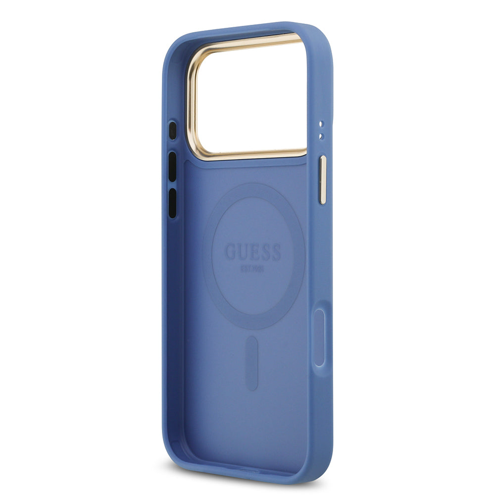 iPhone 17 Pro Max Kılıf Guess Orijinal Lisanslı M-safe Şarj Özellikli Gold Metal Kamera Çerçeveli PU Deri 4G Desenli Yazı Logolu Kılıf