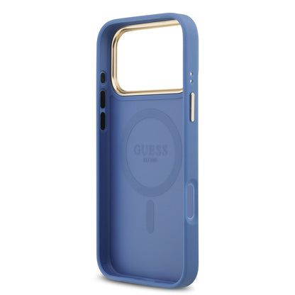 iPhone 17 Pro Max Kılıf Guess Orijinal Lisanslı M-safe Şarj Özellikli Gold Metal Kamera Çerçeveli PU Deri 4G Desenli Yazı Logolu Kılıf