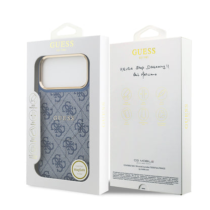 iPhone 17 Pro Max Kılıf Guess Orijinal Lisanslı M-safe Şarj Özellikli Gold Metal Kamera Çerçeveli PU Deri 4G Desenli Yazı Logolu Kılıf