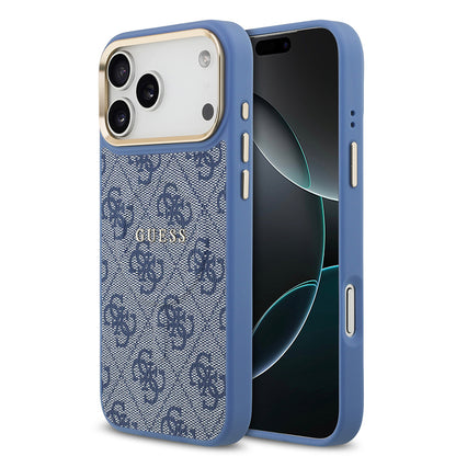 iPhone 17 Pro Max Kılıf Guess Orijinal Lisanslı M-safe Şarj Özellikli Gold Metal Kamera Çerçeveli PU Deri 4G Desenli Yazı Logolu Kılıf