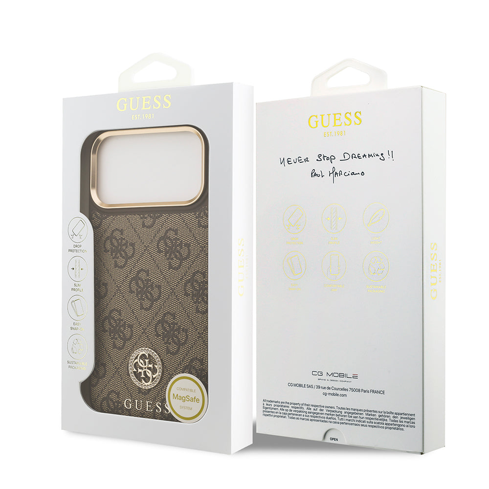 iPhone 17 Pro Max Kılıf Guess Orijinal Lisanslı M-safe Şarj Özellikli Gold Metal Kamera Çerçeveli Taşlı 4G Logolu Kılıf