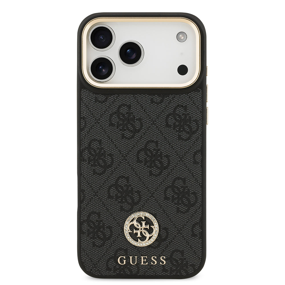iPhone 17 Pro Max Kılıf Guess Orijinal Lisanslı M-safe Şarj Özellikli Gold Metal Kamera Çerçeveli Taşlı 4G Logolu Kılıf