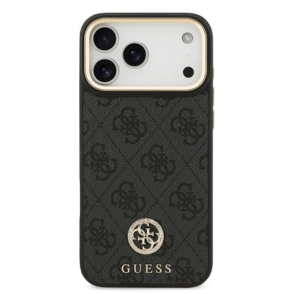 iPhone 17 Pro Max Kılıf Guess Orijinal Lisanslı M-safe Şarj Özellikli Gold Metal Kamera Çerçeveli Taşlı 4G Logolu Kılıf