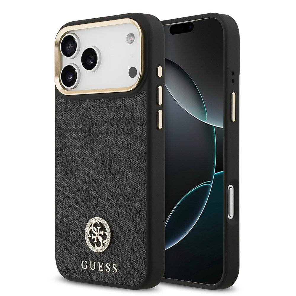 iPhone 17 Pro Max Kılıf Guess Orijinal Lisanslı M-safe Şarj Özellikli Gold Metal Kamera Çerçeveli Taşlı 4G Logolu Kılıf
