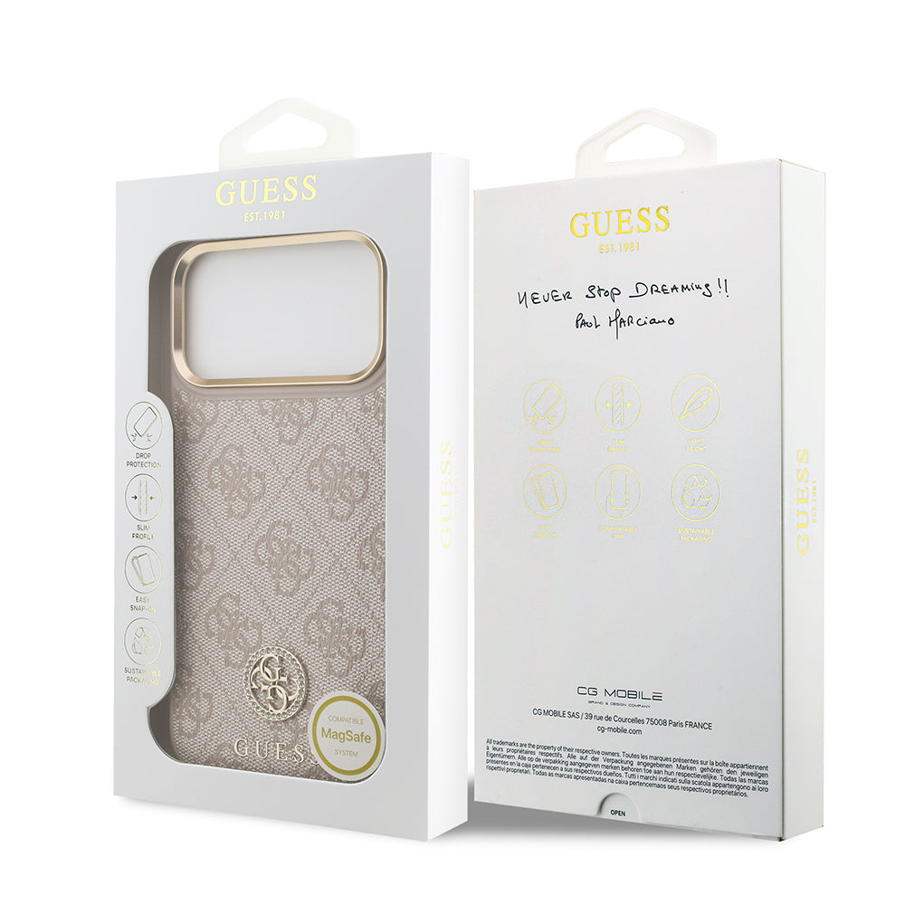 iPhone 17 Pro Max Kılıf Guess Orijinal Lisanslı M-safe Şarj Özellikli Gold Metal Kamera Çerçeveli Taşlı 4G Logolu Kılıf