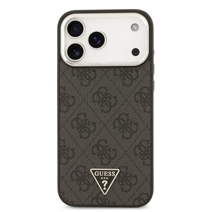 iPhone 17 Pro Max Kılıf Guess Orijinal Lisanslı M-safe Şarj Özellikli Gold Metal Kamera Çerçeveli Taşlı Üçgen Logo 4G Desenli Kılıf