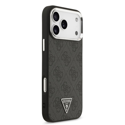 iPhone 17 Pro Max Kılıf Guess Orijinal Lisanslı M-safe Şarj Özellikli Gold Metal Kamera Çerçeveli Taşlı Üçgen Logo 4G Desenli Kılıf